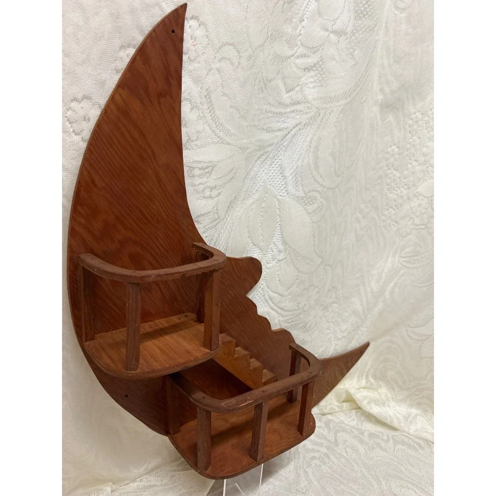 Vintage Man in the Moon Wooden Wall Shelf Folk Art Crescent Celestial Trinket